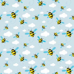 Seamless vector pattern with cute bees and clouds. Print for children textile, pack, fabric, wallpaper, wrapping.