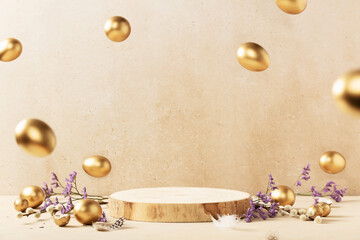 Empty round wooden podium, golden easter eggs with spring flowers on a beige background