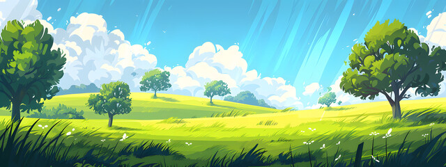  A sunny green field landscape with a clear blue sky  