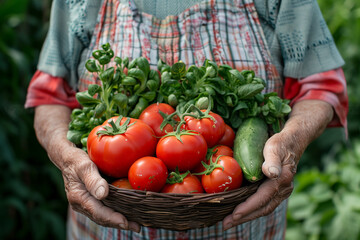 Old woman holding fresh tomato basket