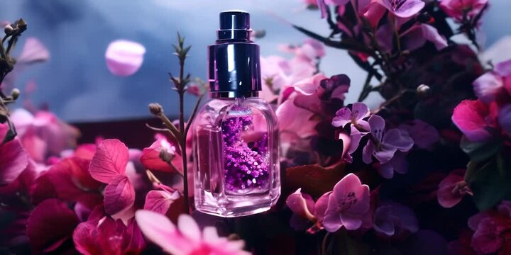 Anamorphic shot of a bottle of perfume rotates in flowers with liquid splash. High quality 4K