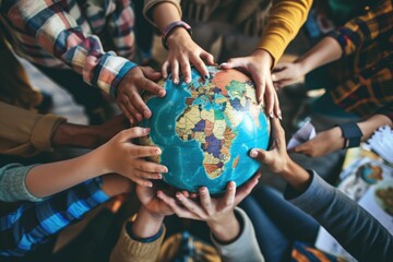 Portray a global vision with a multicultural group in a symbolic activity against a plain background