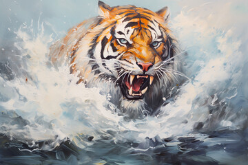 Fototapeta na wymiar Abstract color splash painting of tiger with water wave