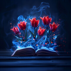 A bouquet of red tulips and an open book on a dark background