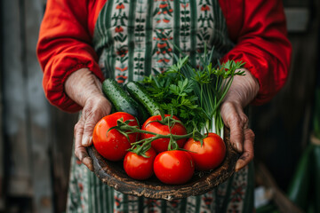 Old woman holding a fresh tomato