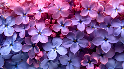 Purple and pink lilac flowers background. Top view. Flat lay.