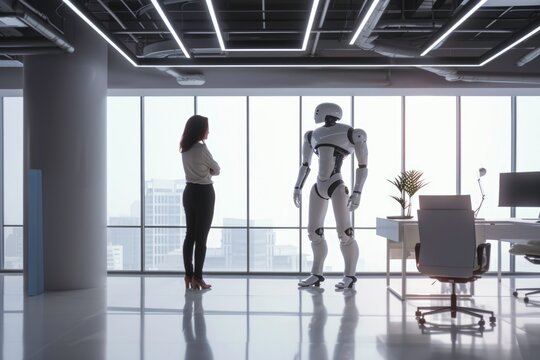 Businesswoman brainstorm with  AI robot for solving problem together in the office, automation and technology concept.
