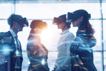 Professionals immersed in a virtual reality collaboration hub, combining the physical and digital worlds, showcases the synergy of the team