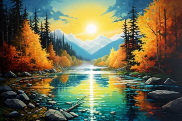 Foto op Canvas a river with trees and mountains in the background © Maxim