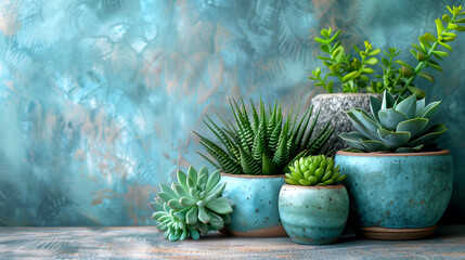 Succulents in modern geometric concrete planters on a blue background. Copy space.