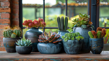  Cactuses and Succulents in ceramic pots on the windows. Copy space.