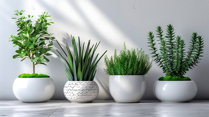 Plants in pots on a white wall background. 3d rendering