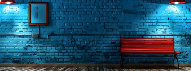 A red bench on blue street wall.