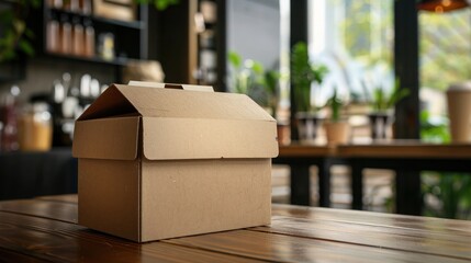 Takeaway food: cardboard box on wooden tabletop against blurred modern coffee shop interior background, Copy space