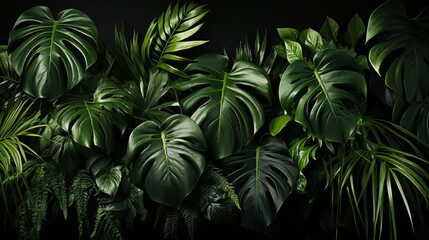 Lush Green Tropical Leaves Against a Dark Background in Natural Light