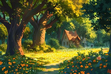 Bright cartoon fairy tale forest