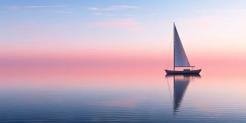 Deurstickers Peaceful image of a solitary sailboat on glass-like water, with soft light of sunrise creating a tranquil mood © Влада Яковенко