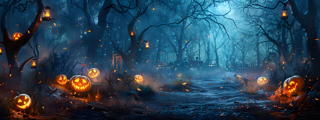 A horror forest with light pumpkin in Halloween style of wallpaper banner background.