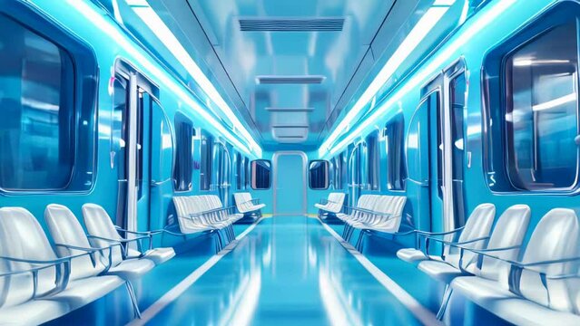 Interior of a modern train with blue and white seats.