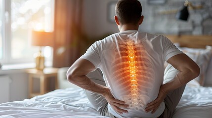 Pain in the lumbar spine and spinal cord. Human back pain, Man with inflamed spinal cord injury pain highlighted in glowing red-orange. Spine injury pain in sacral