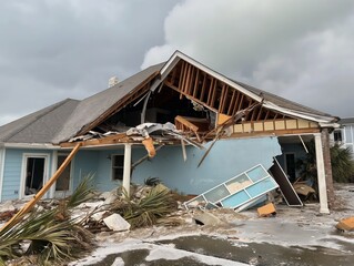 The roof of a house is severely damaged by Hurricane, showcasing nature's force