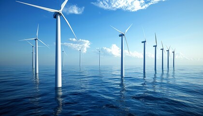 Renewable energy from offshore wind farm in vast blue ocean with white turbines under clear skies.