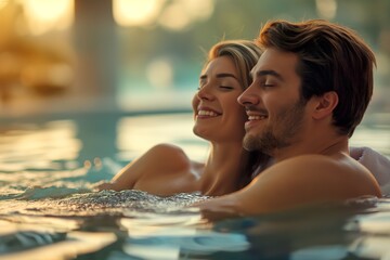 Obraz premium A man and a woman relaxing in a swimming pool, enjoying a moment of leisure together.