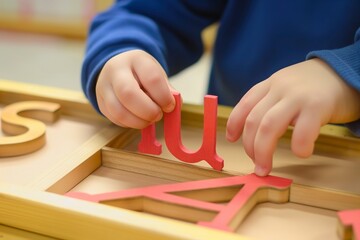 A child concentrating while playing with a wooden letter puzzle. - obrazy, fototapety, plakaty