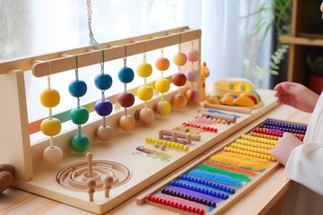 A child is engaged in playing with a wooden abacus, moving the colorful beads along the wires.