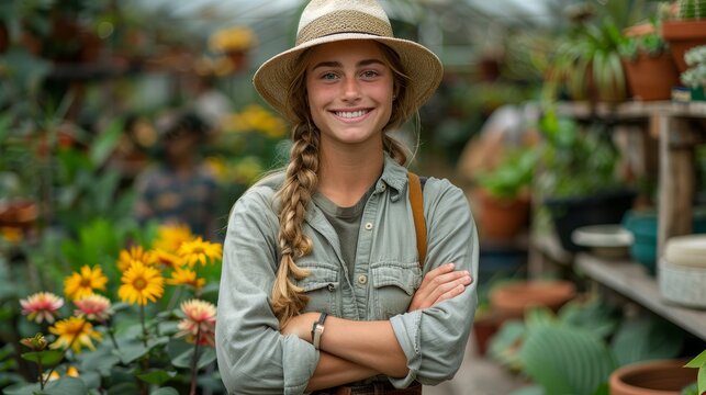 Botanist in a Greenhouse, editorial photography - A botanist surrounded by exotic plants in a greenhouse, arms crossed, smiling at their botanical discoveries.