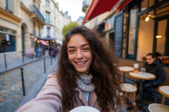 A happy young woman, holding a coffee cup, takes a selfie using her cell phone.