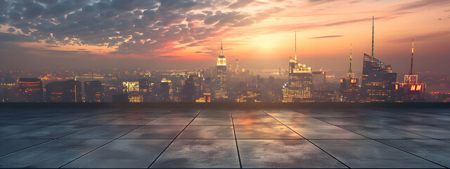 Dramatic orange sky paints the city skyline in fiery hues as the sun dips below the horizon, empty space area for banner wallpaper background. - Powered by Adobe