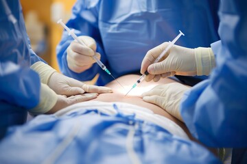 A person undergoing an epidural injection procedure administered by a doctor.