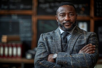 High School Teacher, editorial photography - A dedicated teacher in front of a chalkboard, arms crossed, smiling in a classroom. 