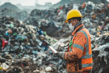 A man in an orange jacket and yellow helmet standing in front of a pile at the landfill site. - obrazy, fototapety, plakaty