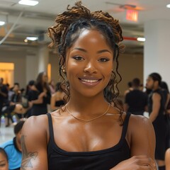 Professional Dancer, editorial photography - A dancer in rehearsal attire, arms crossed, smiling confidently in a dance studio with mirrors. 
