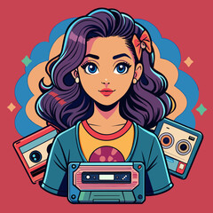 Vintage Vibes Tshirt Sticker of Capture the essence of retro fashion with a sticker design featuring a girl rocking a vintage-inspired graphic tee, complete with nostalgic elements like cassette tapes