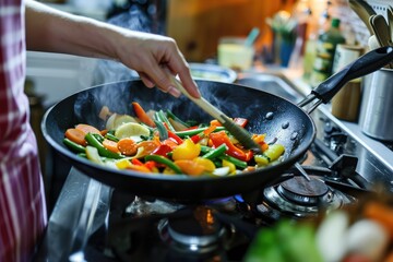 someone cooking a colorful stir-fry with fresh vegetables in a well-lit kitchen during the evening