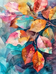 A vibrant painting featuring a variety of colorful leaves against a striking blue backdrop, creating a visually dynamic contrast.