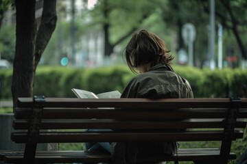 someone reading a book on a park bench in a relaxed setting