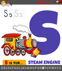 letter S worksheet with cartoon steam engine character