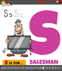 letter S worksheet with cartoon salesman character