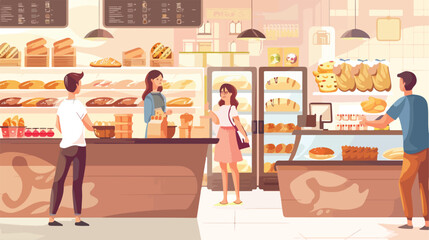 Small bread store interior flat vector illustration.