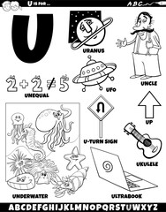 Letter U set with cartoon objects and characters coloring page