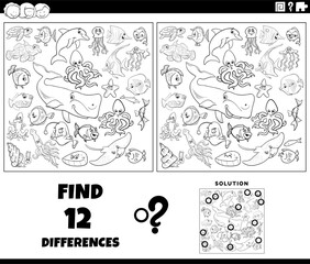 differences game with cartoon marine animals coloring page