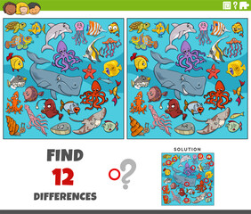 differences game with cartoon marine animals group