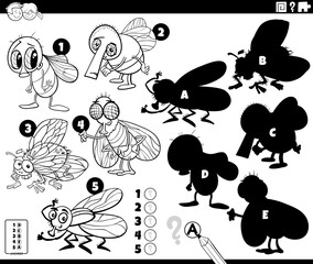 finding shadows activity with cartoon flies coloring page
