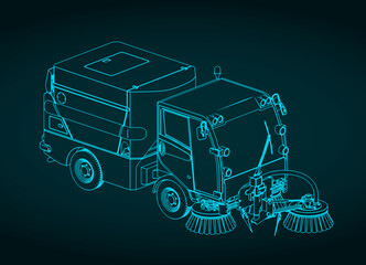 Street sweeper truck isometric blueprint