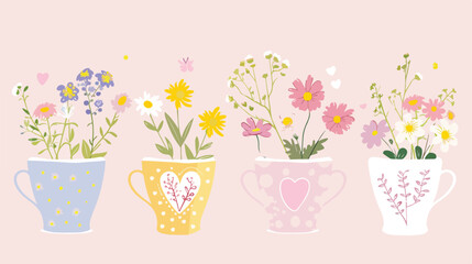 Spring flowers and plants in cup with heart print.