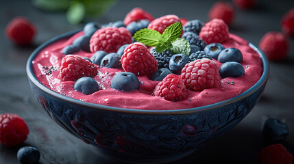 Indulge in a vegan-friendly smoothie bowl, a blend of strawberries, blueberries, and mango, for a...